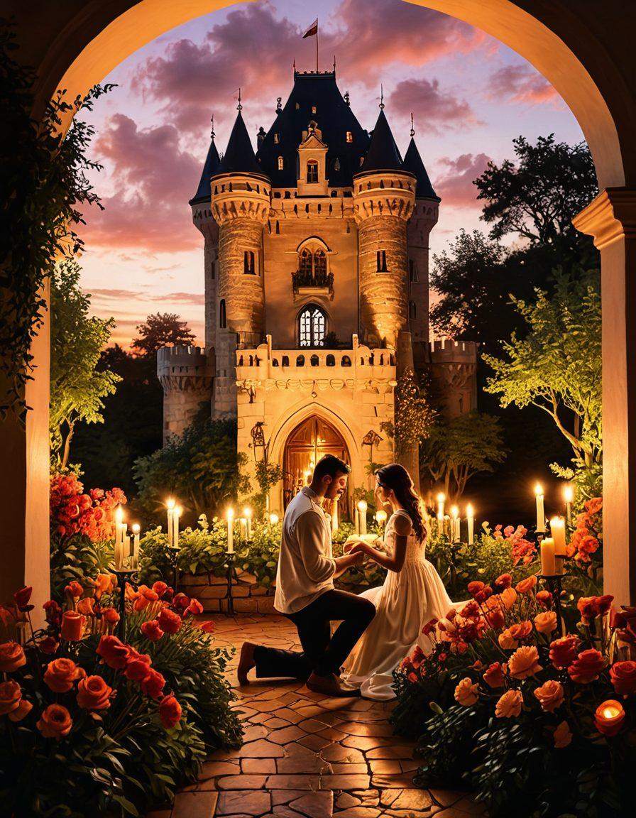 A romantic and warm scene depicting a castle transformed into a cozy living space filled with soft lighting, lush greenery, and elements symbolizing intimacy like a heart-shaped garden. In the foreground, a couple embraces with joy, surrounded by symbols of love such as candles and flowers. The background showcases castle towers blended with cozy home elements, evoking a sense of security and devotion. warm colors. impressionistic.