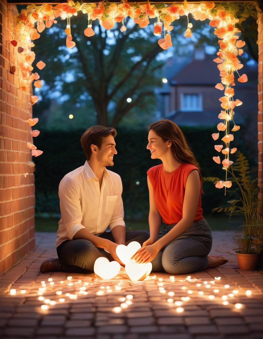 A cozy, intimate setting with a couple building a metaphorical fortress of love, surrounded by heart-shaped bricks representing devotion and intimacy. Soft, warm lighting creates a romantic atmosphere, with comfortable cushions and fairy lights in the background. The couple is engaged in joyful teamwork, smiling at each other, while a gentle breeze carries petals through the air. Illustrative style with vibrant colors and whimsical elements. painting. vibrant colors.