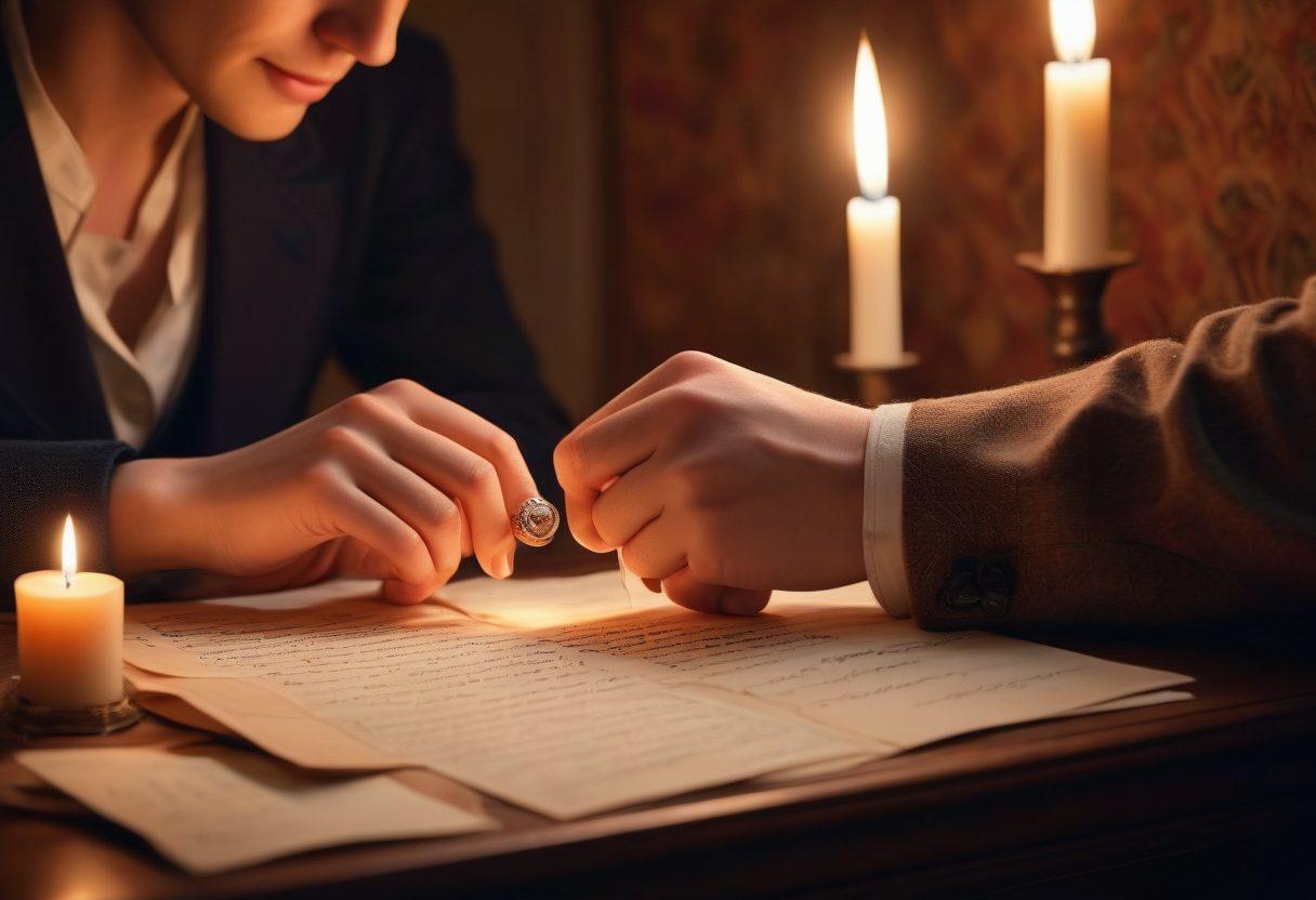 A romantic scene featuring a couple embracing amidst symbols of timeless traditions like love letters, rings, and intertwined hands. Soft candlelight illuminates the background, reflecting warmth and connection. Include elements like vintage photographs and cultural artifacts that signify love across different generations. The atmosphere should evoke nostalgia and tenderness. super-realistic. warm colors. soft focus.